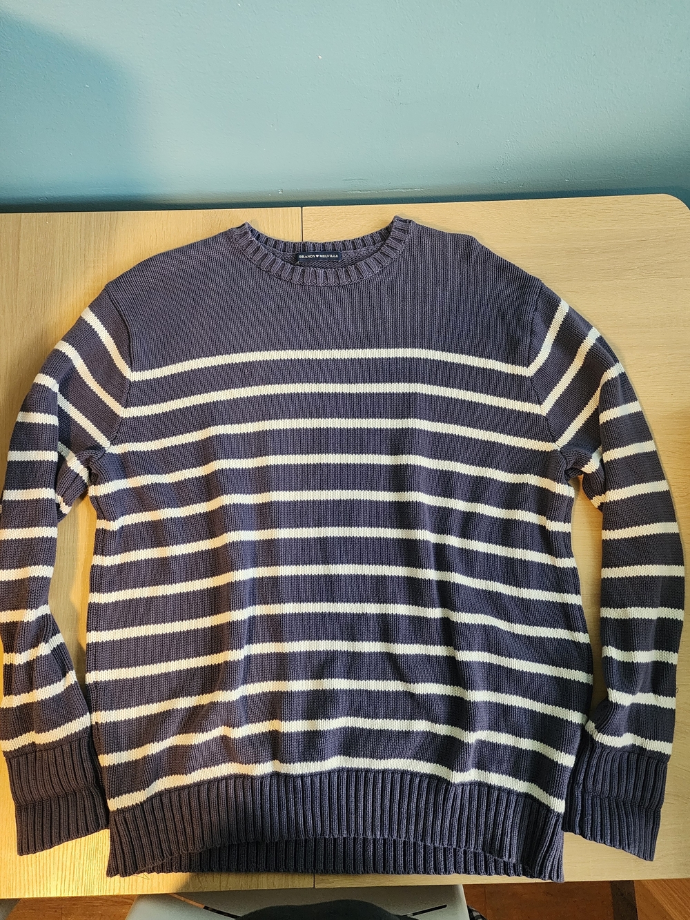 Brandy Melville Navy and Cream Striped Crewneck Sweater